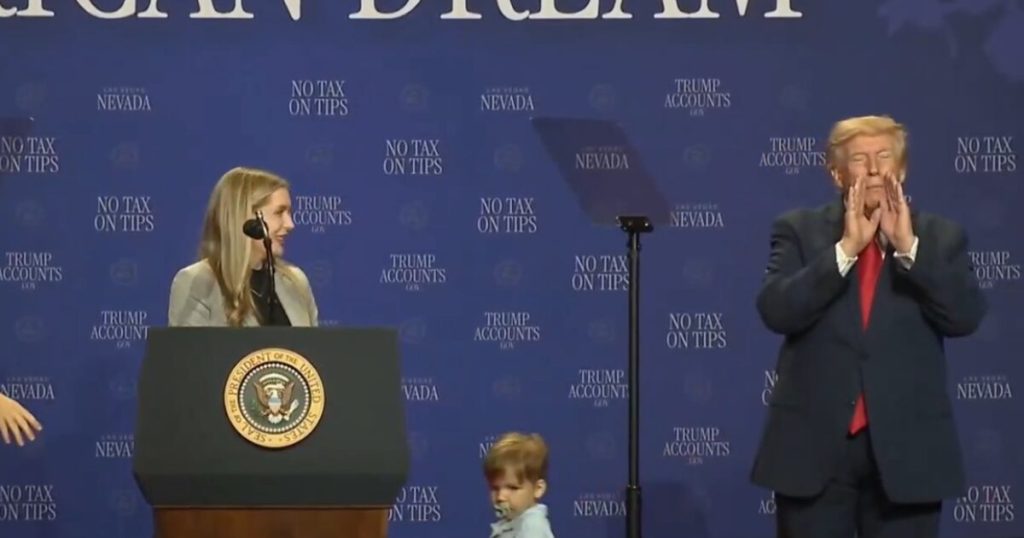 “I Didn’t Want Him to Be Like Biden and Fall Off the Stage!” – Trump Stops Toddler from Running Off Stage in Las Vegas (VIDEO)